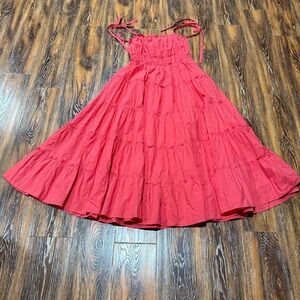 &merc Coral Pink Smocked Tiered Midi Dress Womens Medium Boho Tie Strap Cotton